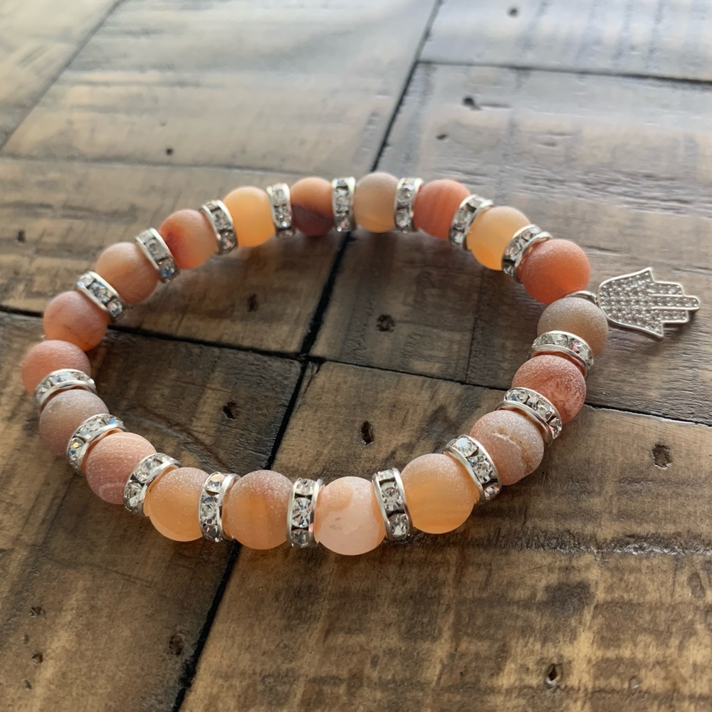 8mm Orange Druzy Agate Hamsa Chakra Bracelet - Picture 2 of 4